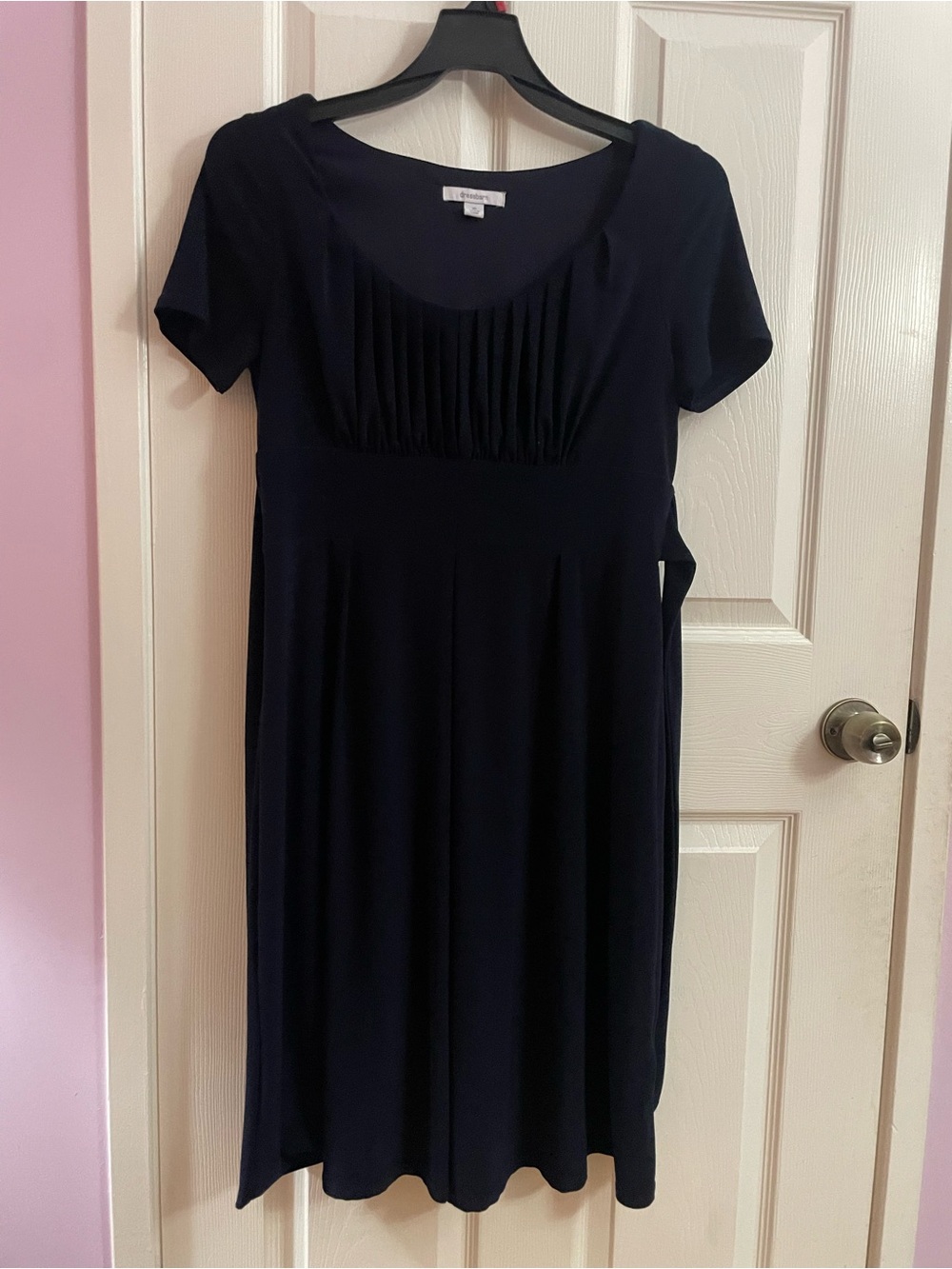 dressbarn Navy Short Sleeve Pleated Empire Waist Dress